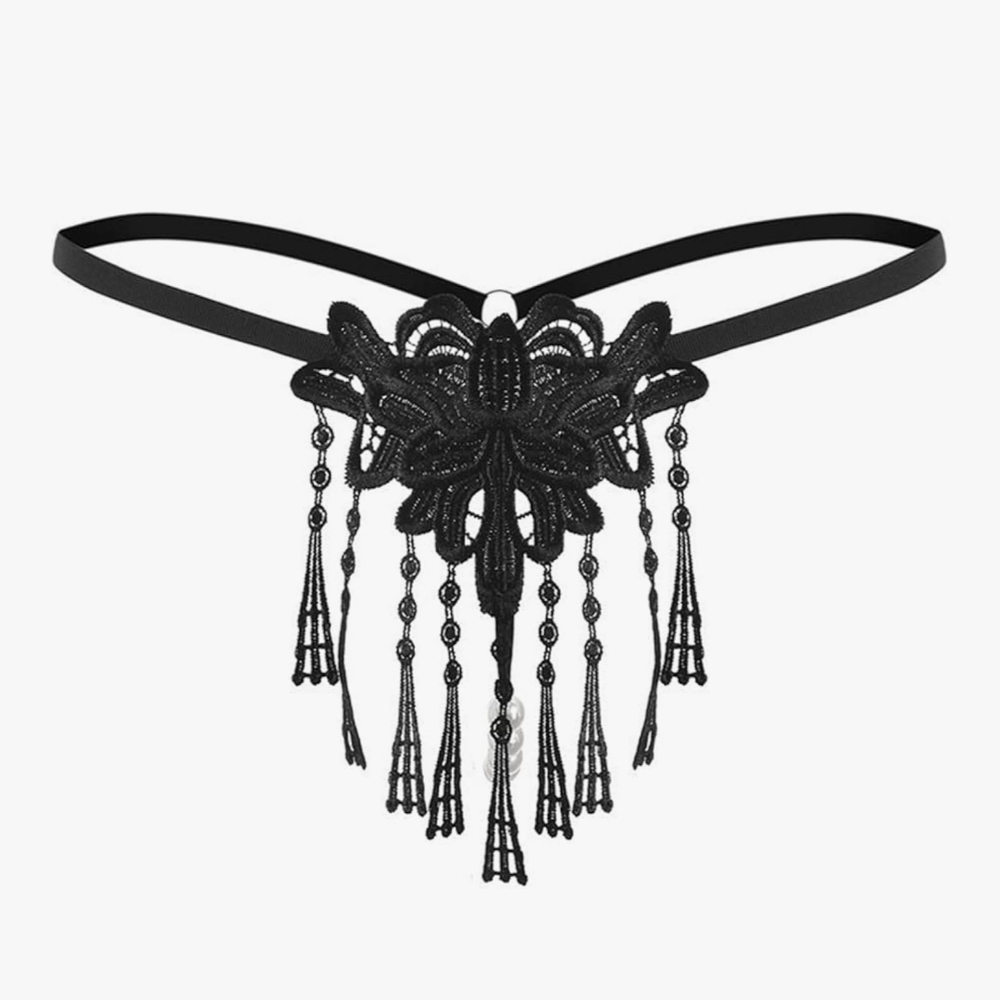 Black Lace Pearled Thong